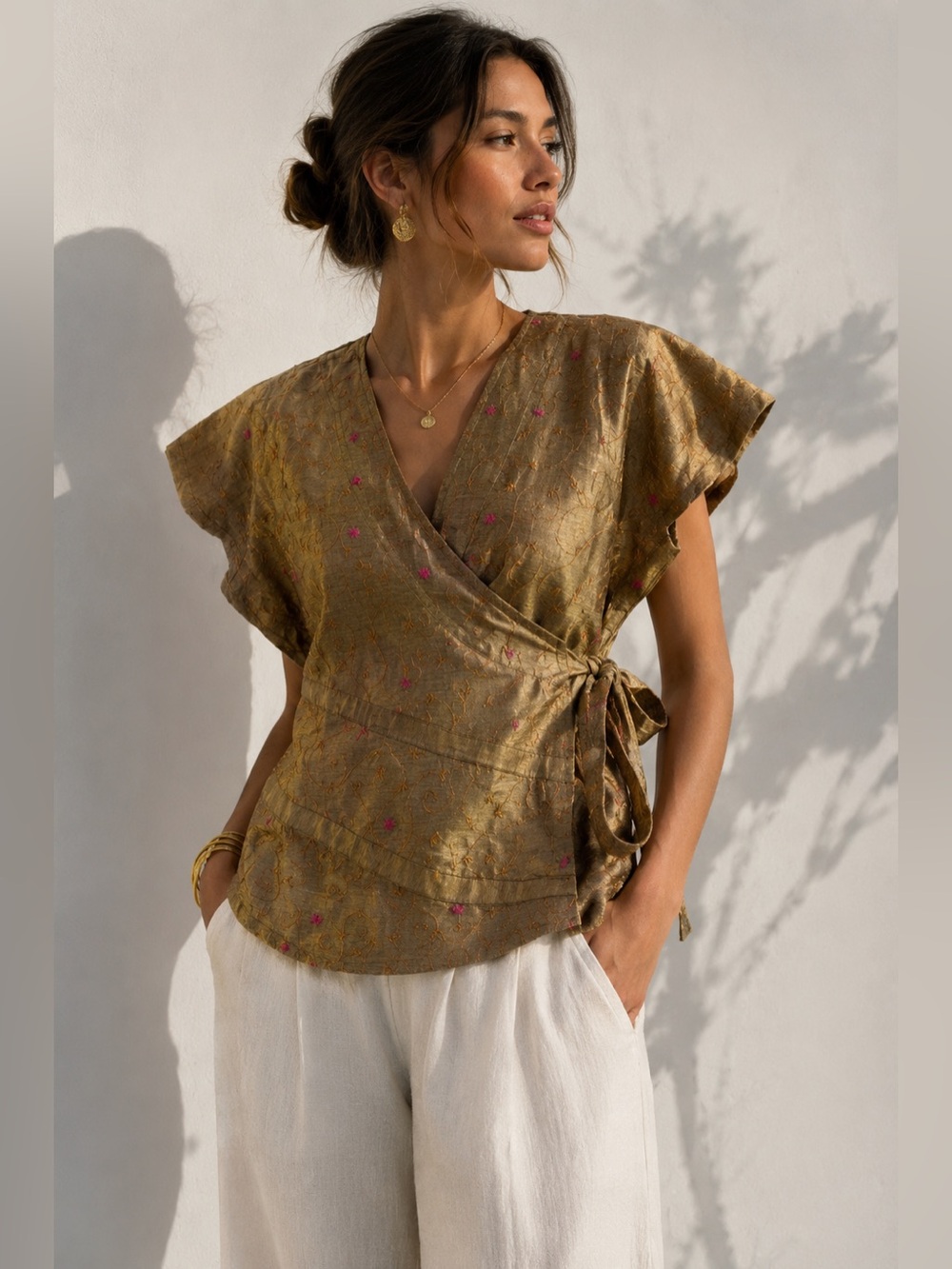 Gold Wrap Blouse with Pink Embroidery